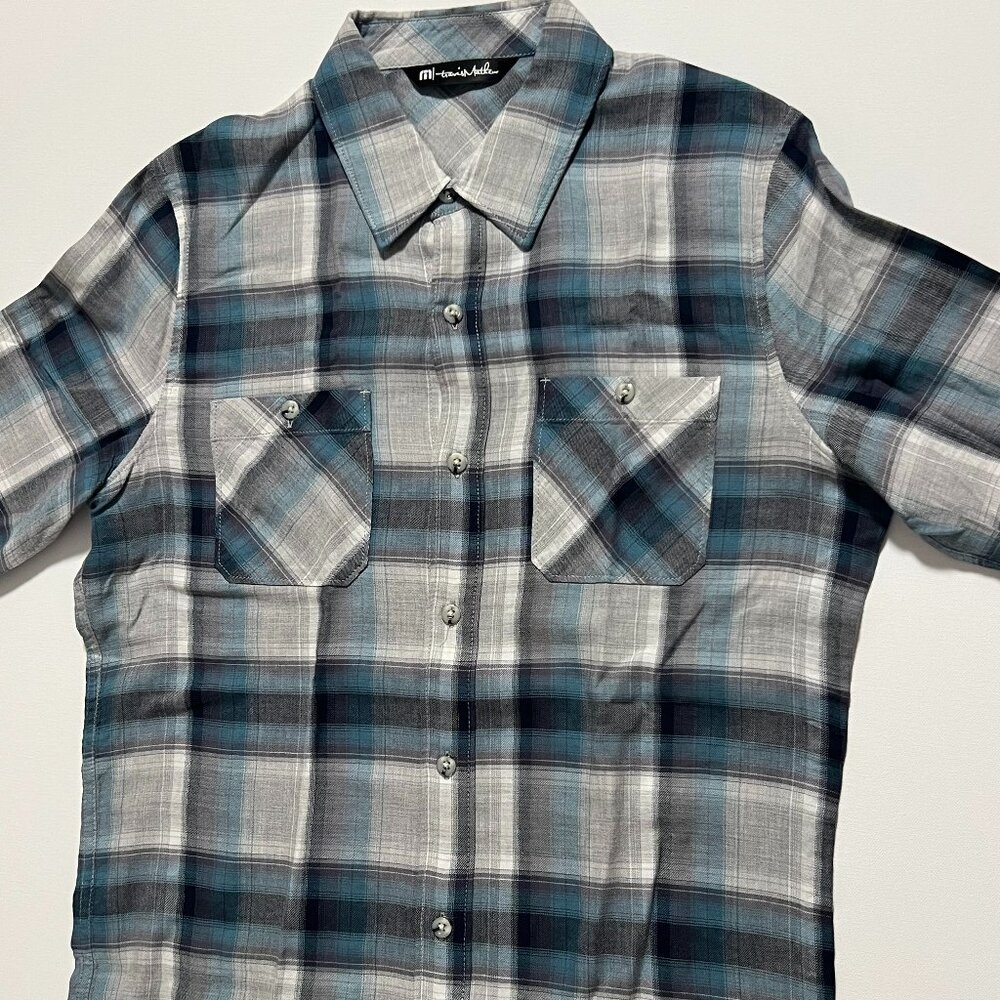 Travis Mathew Shirt Long Sleeve Button Up Plaid Gray Teal Men's size Small